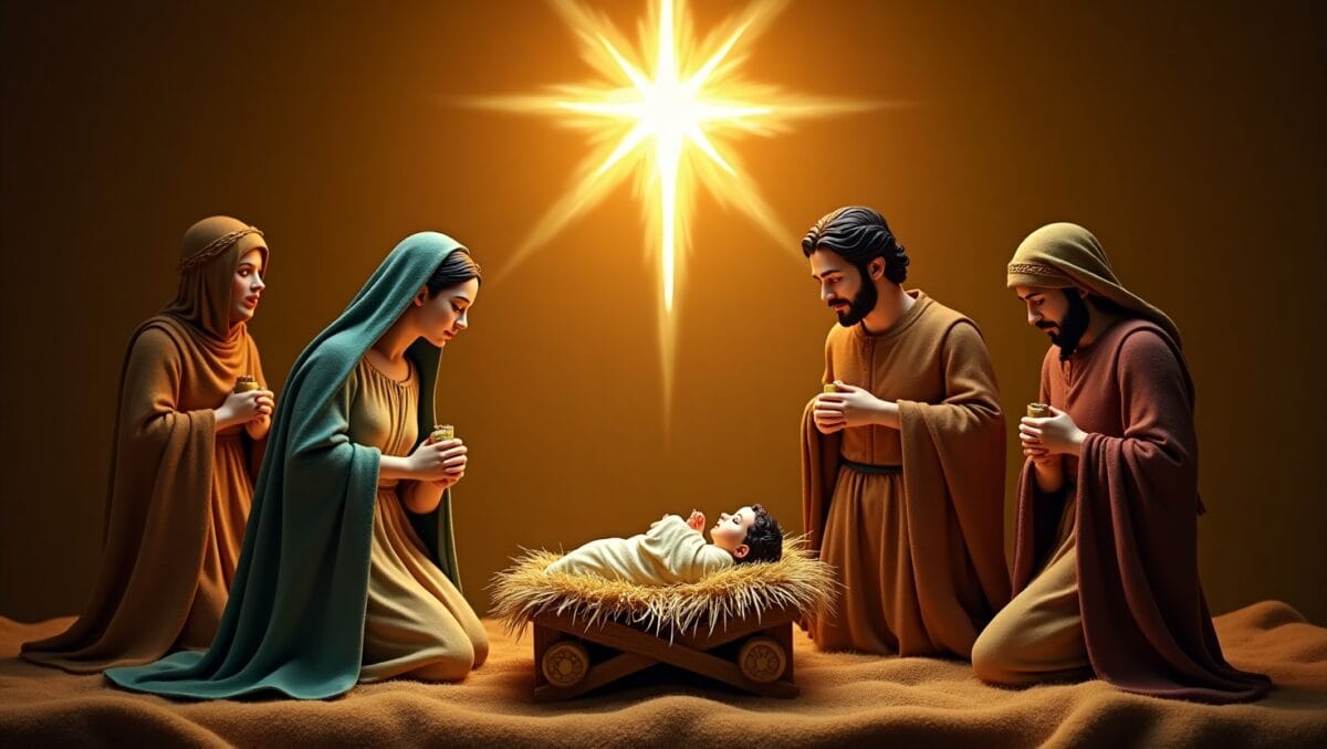 A nativity scene with Mary, Joseph, and baby Jesus in a manger, surrounded by shepherds, wise men, and angels under a radiant star.