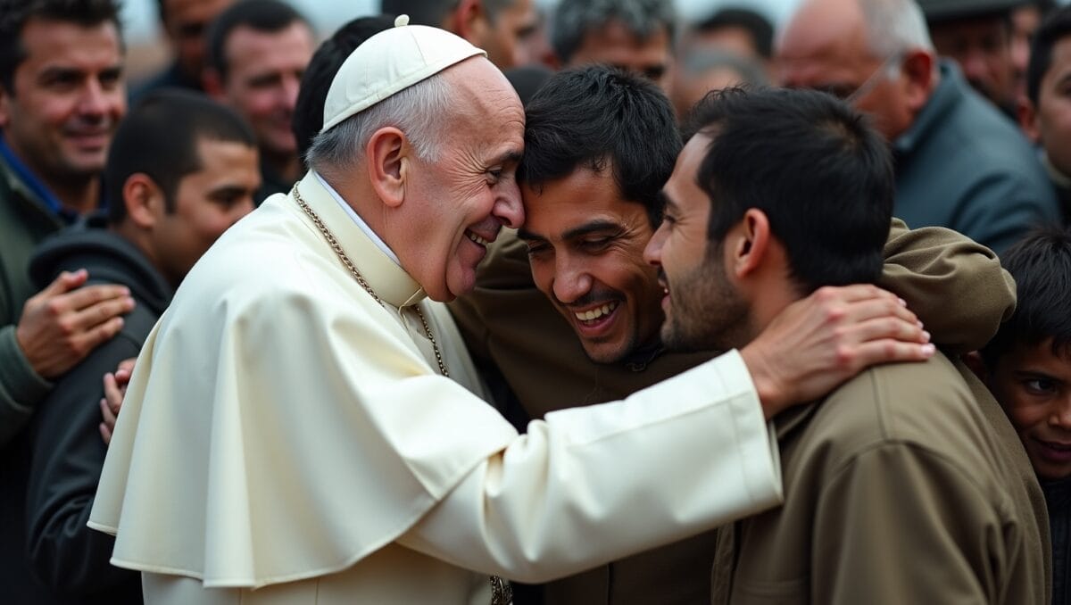 Pope Francis embracing refugees during a heartfelt meeting, symbolizing compassion and solidarity.
