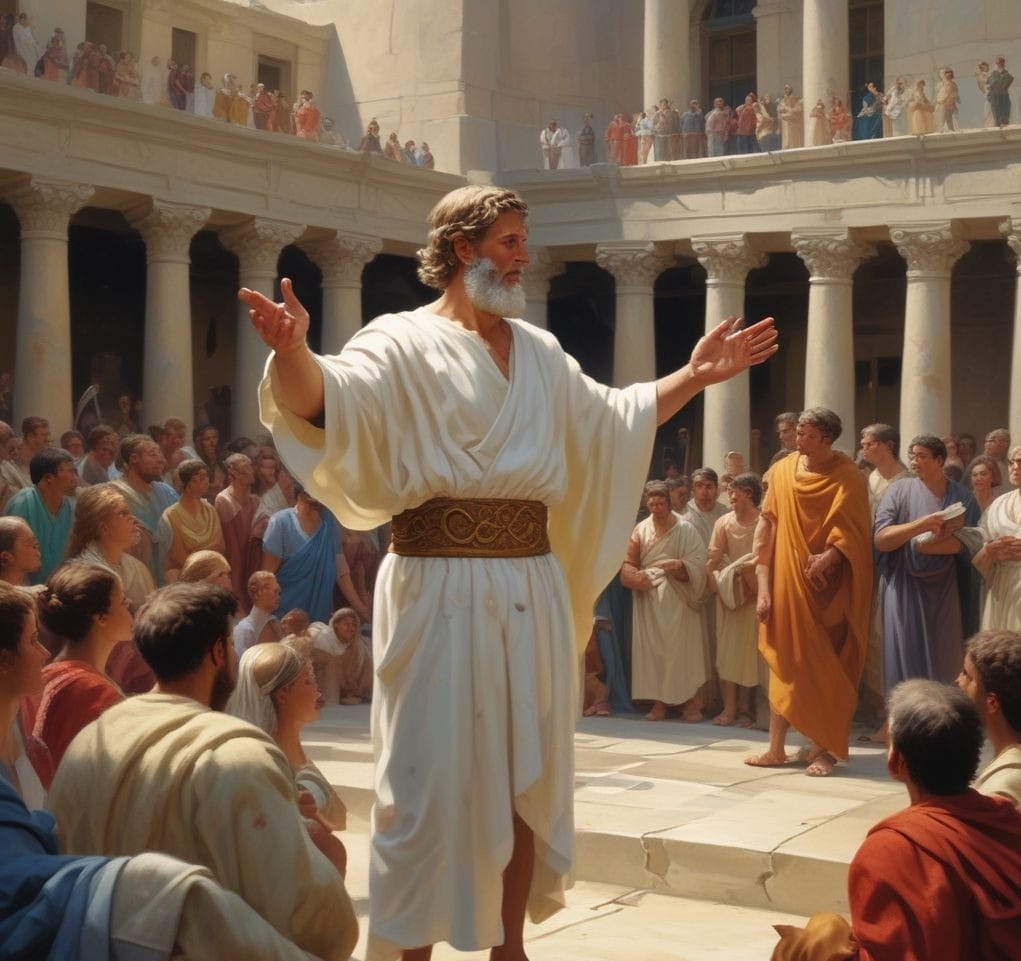 Andrew the Apostle standing and preaching to a small group of people in ancient Greece, sharing the Gospel with conviction in a public square surrounded by classical architecture.