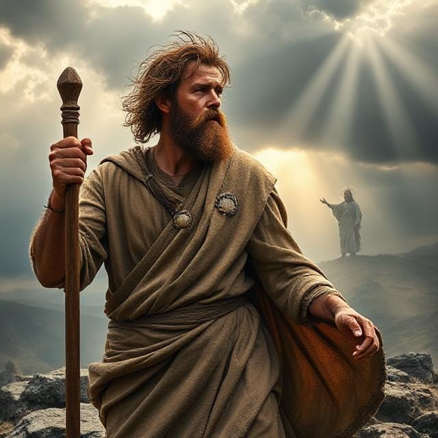 A dramatic painting of James son of Zebedee the Great standing on a rocky hilltop, dressed in worn robes, gripping a wooden staff, with windblown hair, sun-scorched skin, and a scallop shell on his cloak. Behind him, a stormy sky glows with rays of divine light and a faint figure of Jesus preaching.