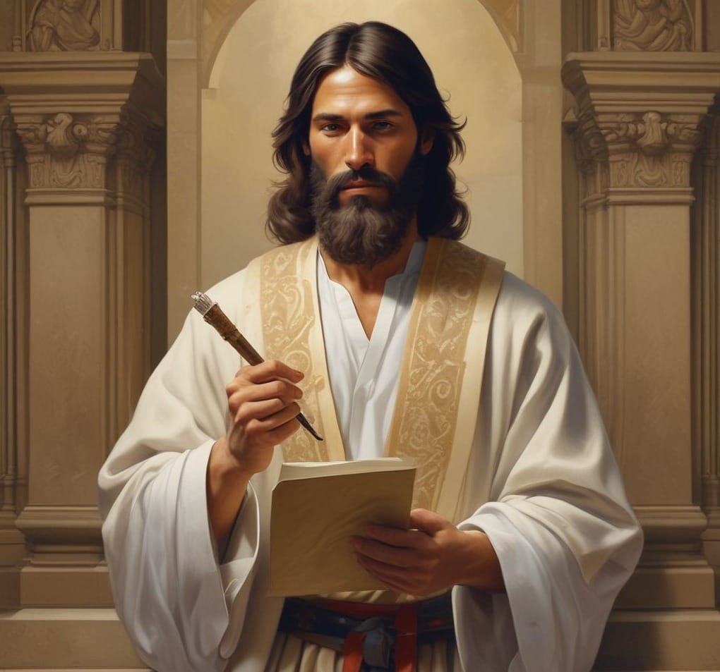 Portrait of Matthew, also known as Levi, one of the twelve disciples of Jesus Christ, holding a scroll and writing tool.