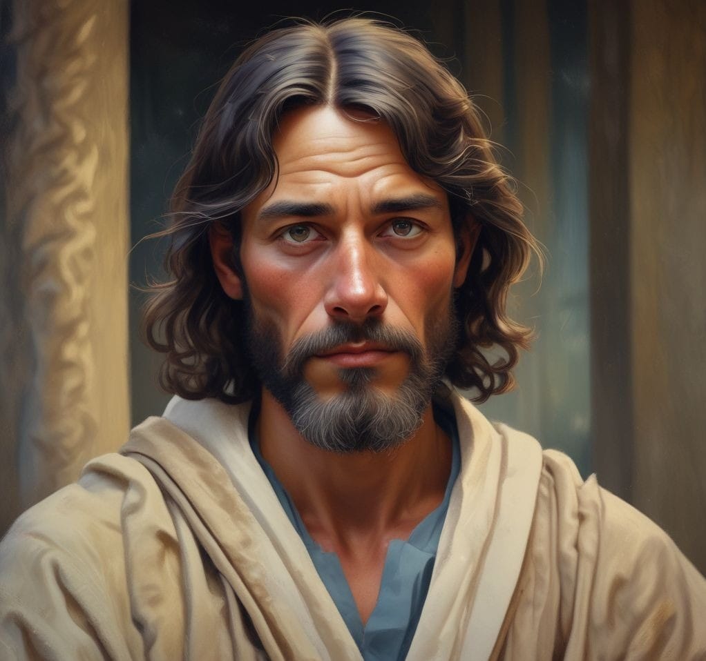 Portrait of Thomas, also known as Didymus, one of the twelve disciples of Jesus Christ, symbolizing his journey from doubt to strong faith.