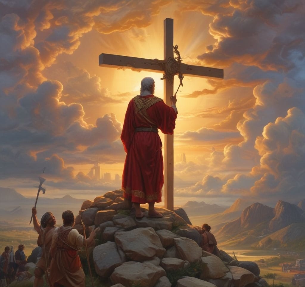 Saint Andrew bound to an X-shaped cross (St. Andrew’s Cross) on a hill during sunset, symbolizing his faithful martyrdom in a serene and reverent setting.