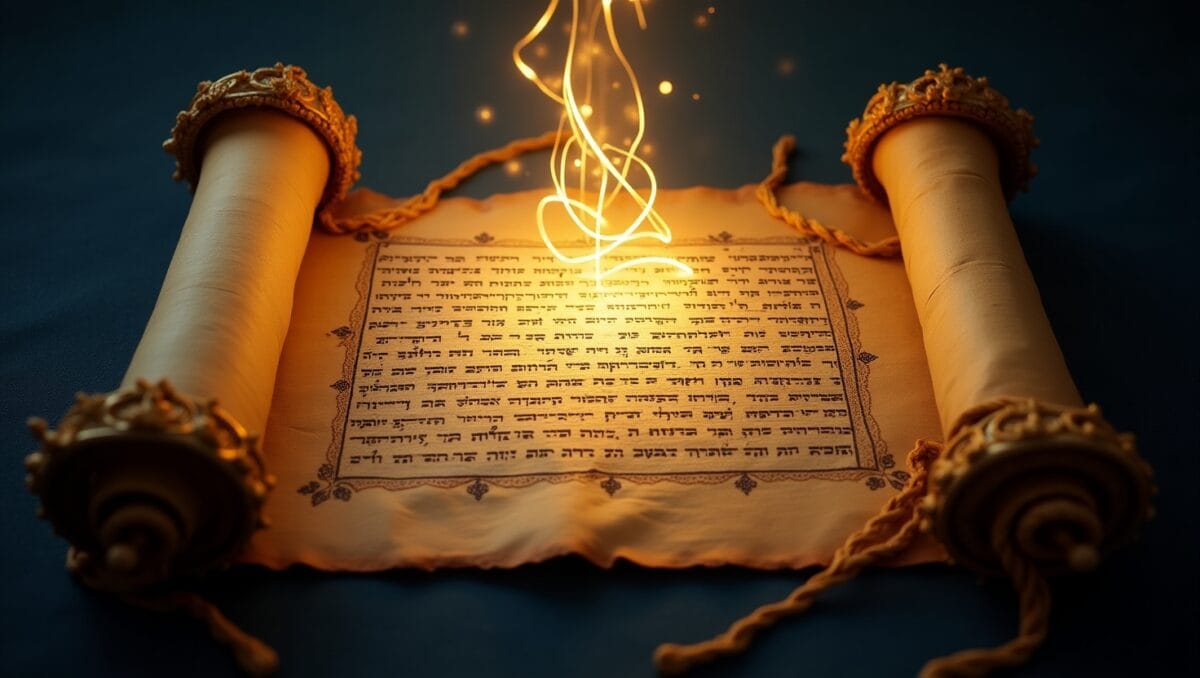 Ancient yellowed parchment scroll with intricate Hebrew script, symbolizing the divine records of destiny in the Old Testament.