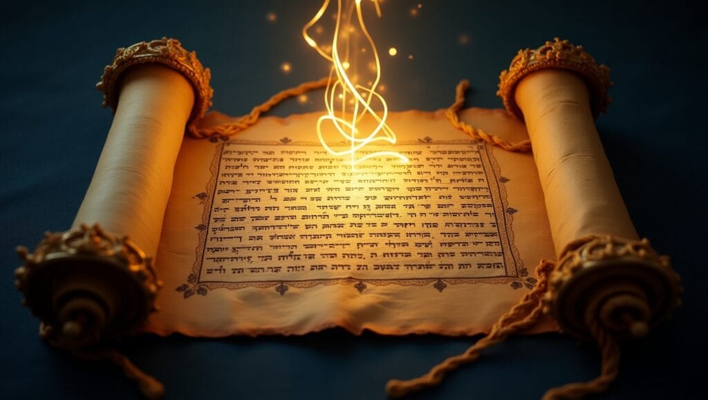 An ancient scroll inscribed with Hebrew prophecies, illuminated by heavenly light, symbolizing God’s eternal plan for Jesus.