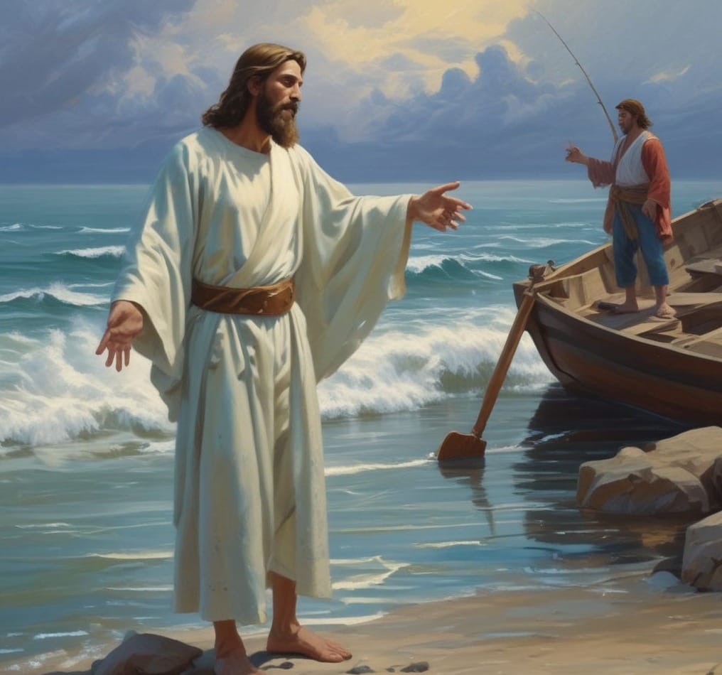Jesus Christ standing on the shore of the Sea of Galilee, calling his disciples
