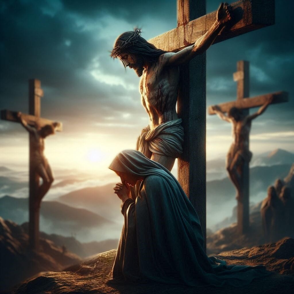 Jesus on the cross, with a darkened sky and mourners at His feet, symbolizing the weight and hope of His sacrifice.