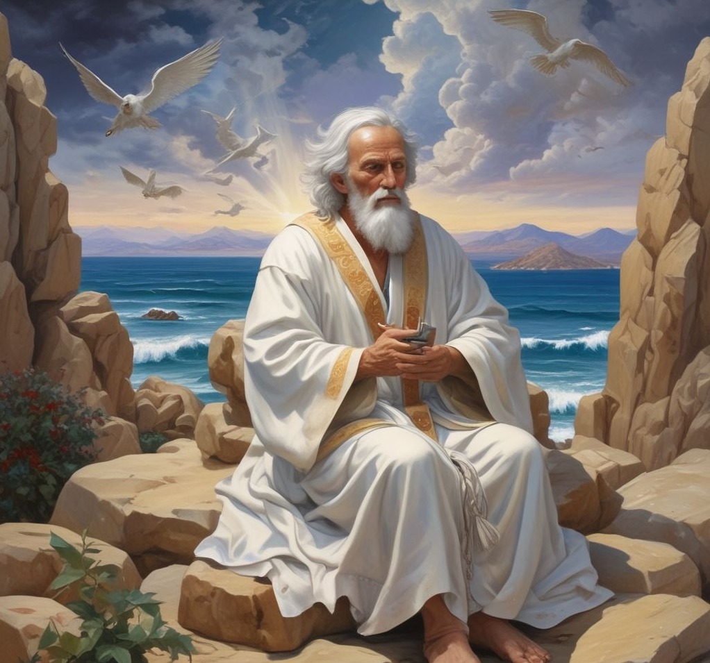 John the Beloved in exile on Patmos, writing the Book of Revelation with divine light and sea in the background.