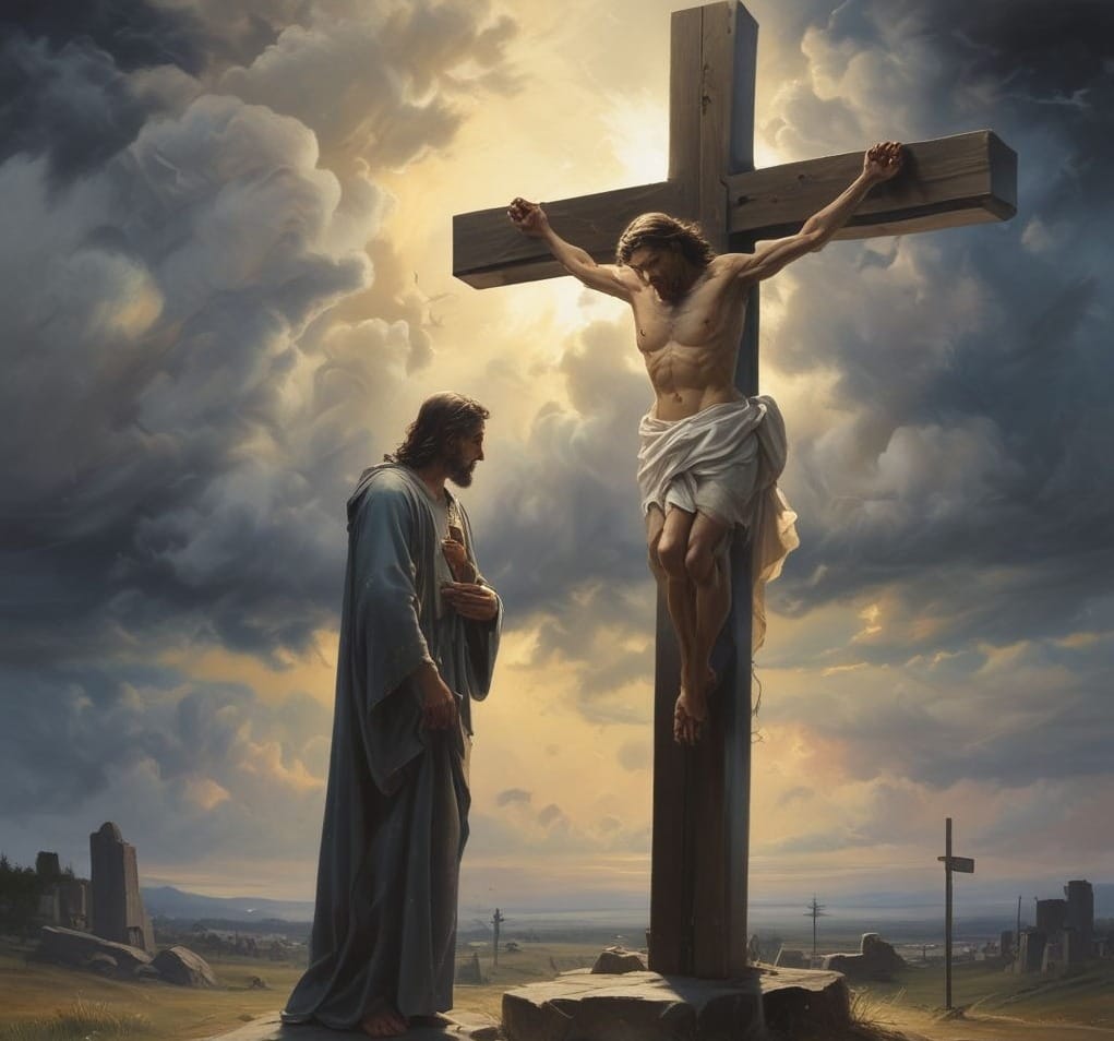 John the Beloved standing beside Mary at the foot of the cross, looking up at the crucified Jesus with sorrow and faith.