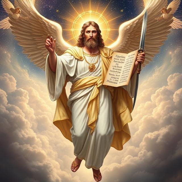 James the Great, wearing dusty robes with a scallop shell on his chest, grips a wooden staff on a rocky hill under a stormy sky, with divine light breaking through and a distant figure of Jesus preaching in the background.