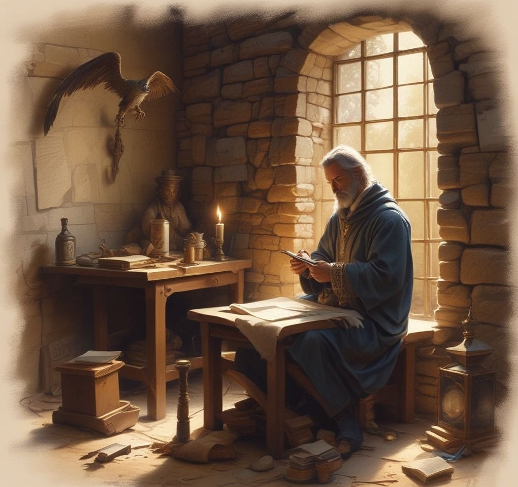 John the Apostle seated at a wooden table in a stone room, writing his Gospel in the morning light.