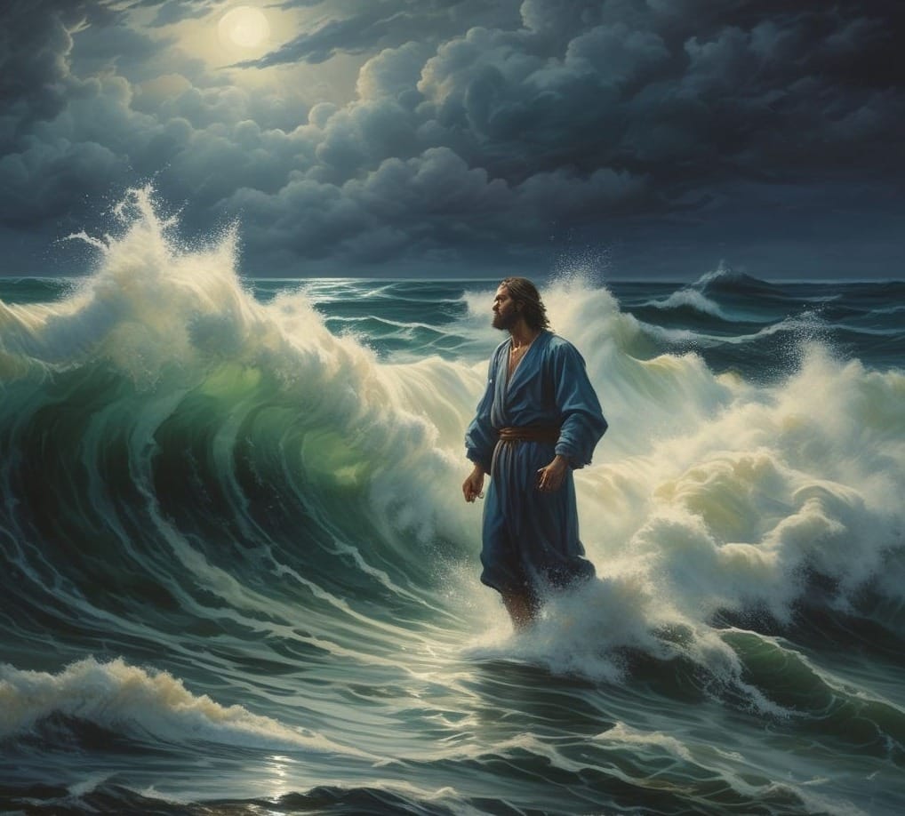 Simon Peter stepping onto the water toward Jesus on the Sea of Galilee, showing his faith before doubt.