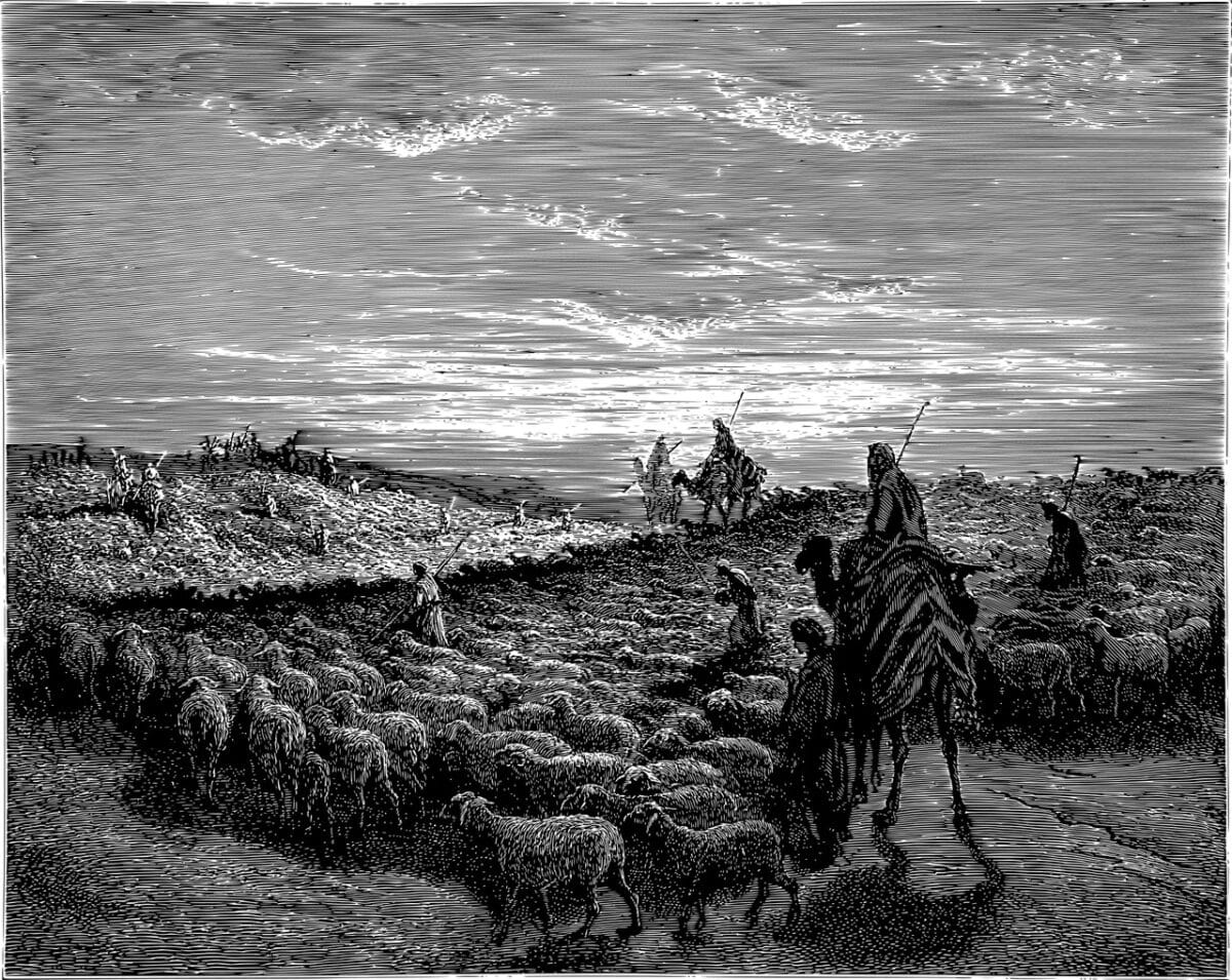 Alt Text: Nomadic caravan in desert depicting Abraham’s journey from Ur to Canaan