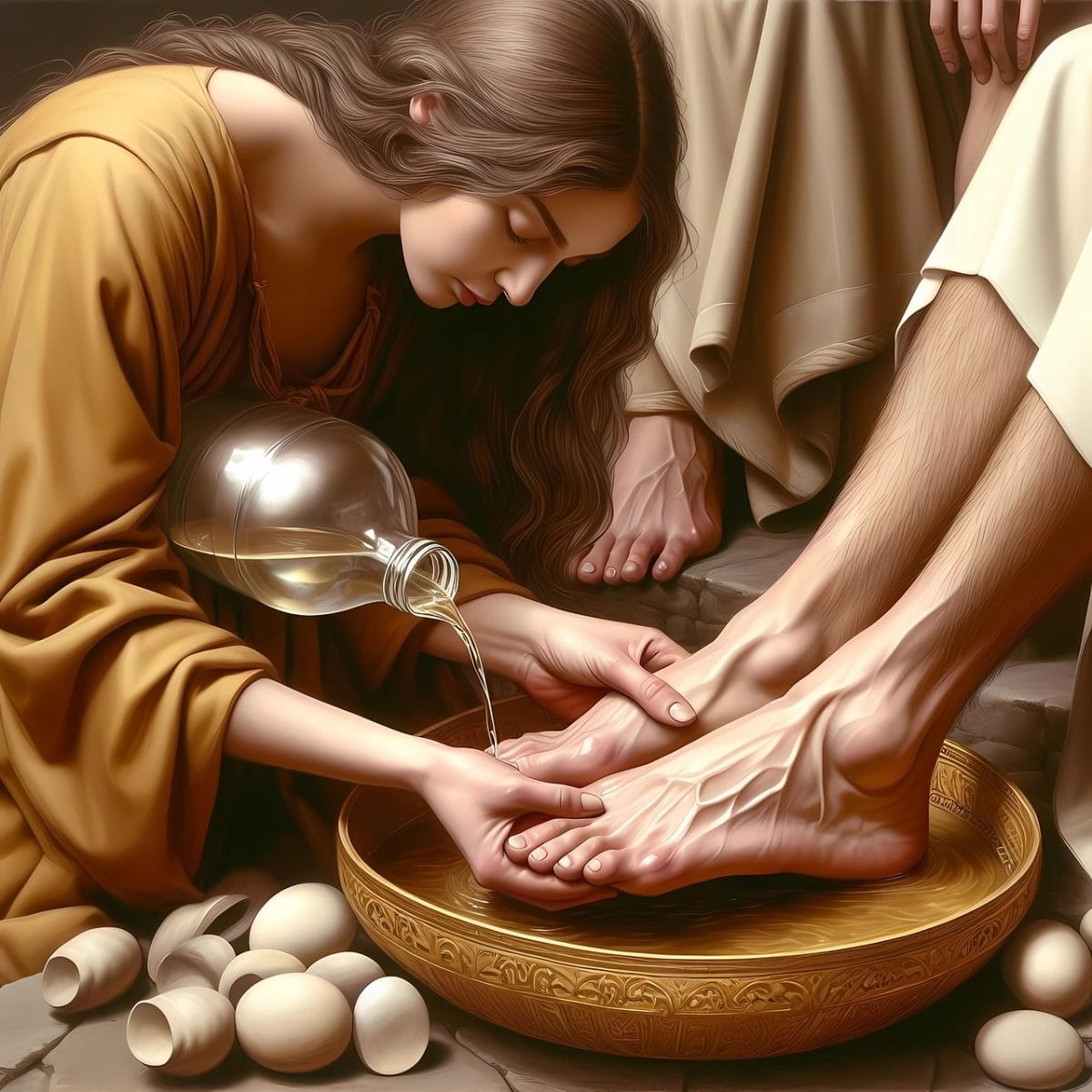 A devotee humbly washing the feet of Jesus Christ, symbolizing love, service, and surrender to God.