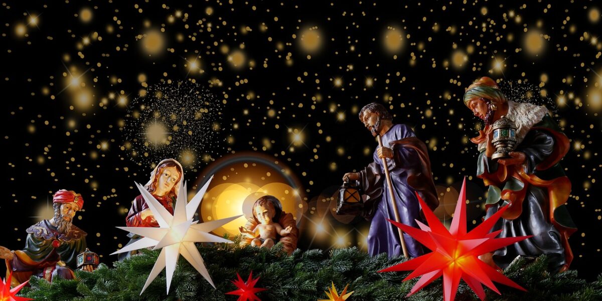 Radiant star shining over Bethlehem with angels proclaiming the birth of Jesus Christ.