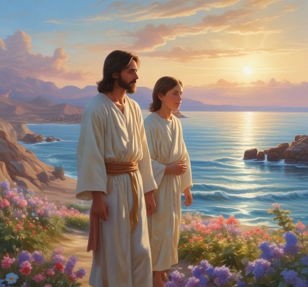 Young John the Beloved walking with Jesus near the Sea of Galilee, listening intently as a faithful disciple.