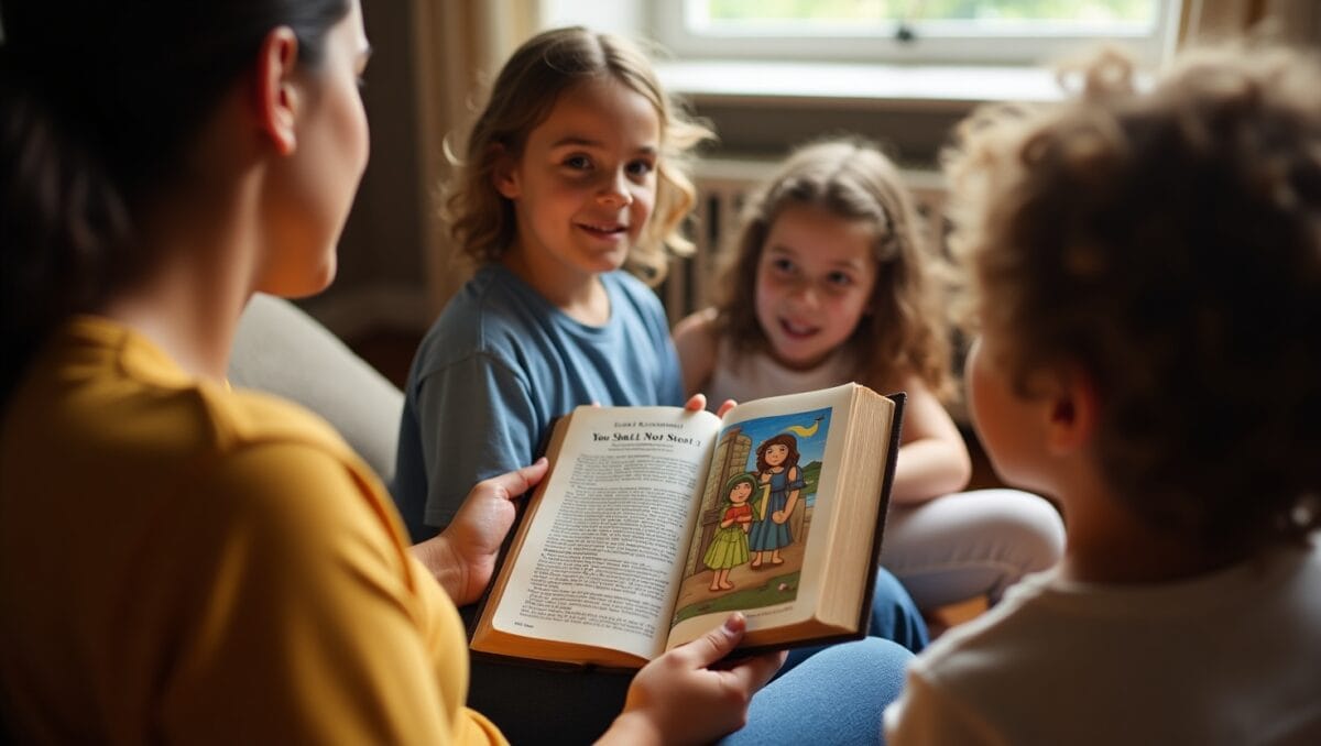 A Christian parent teaching young children about the Eighth Commandment in Christianity in a cozy living room, using a colorful picture Bible open to the words “You Shall Not Steal,” with soft sunlight coming through the window.