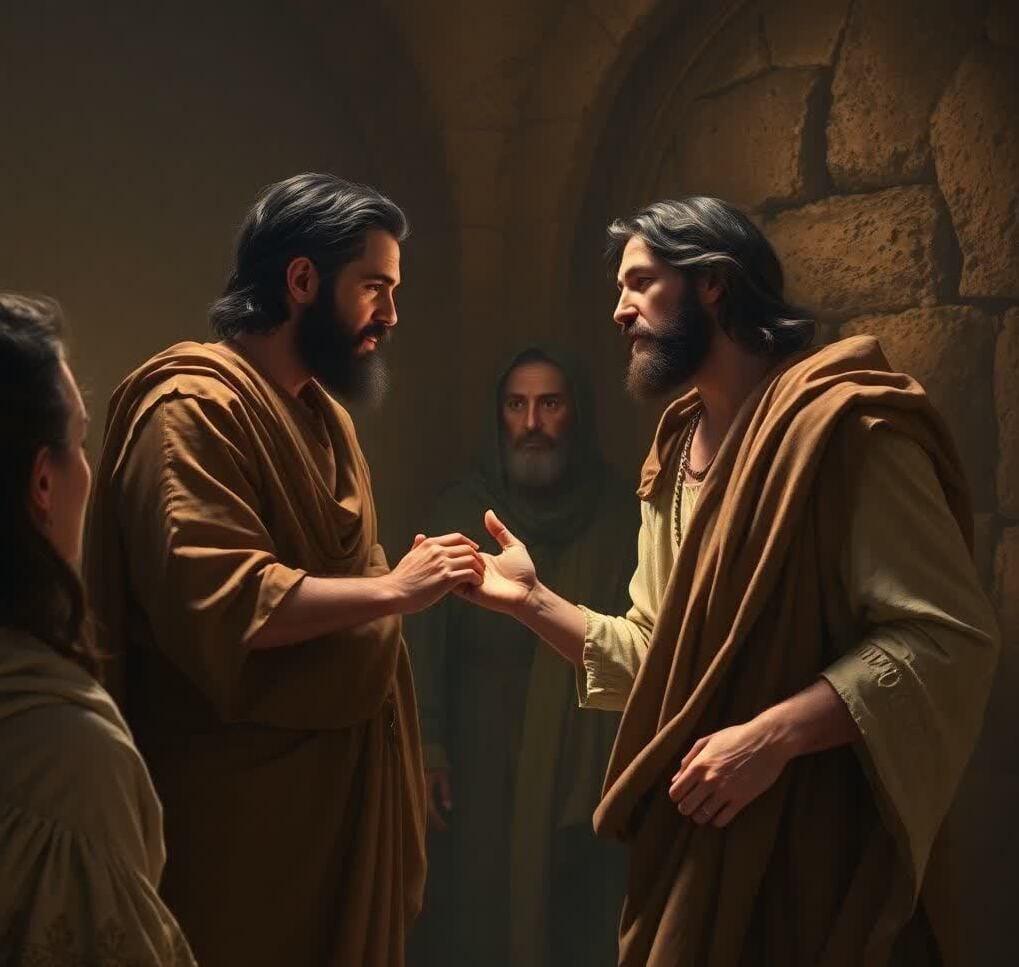 Thomas the Apostle touches the wounds of the resurrected Jesus in a dimly lit room, a powerful moment of doubt turning into faith, with emotional expressions and reverence.