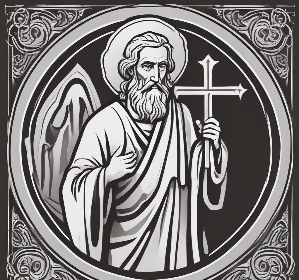 Modern emblem of Saint Bartholomew in silhouette, holding a scroll and a knife, styled as a minimalist Christian symbol.