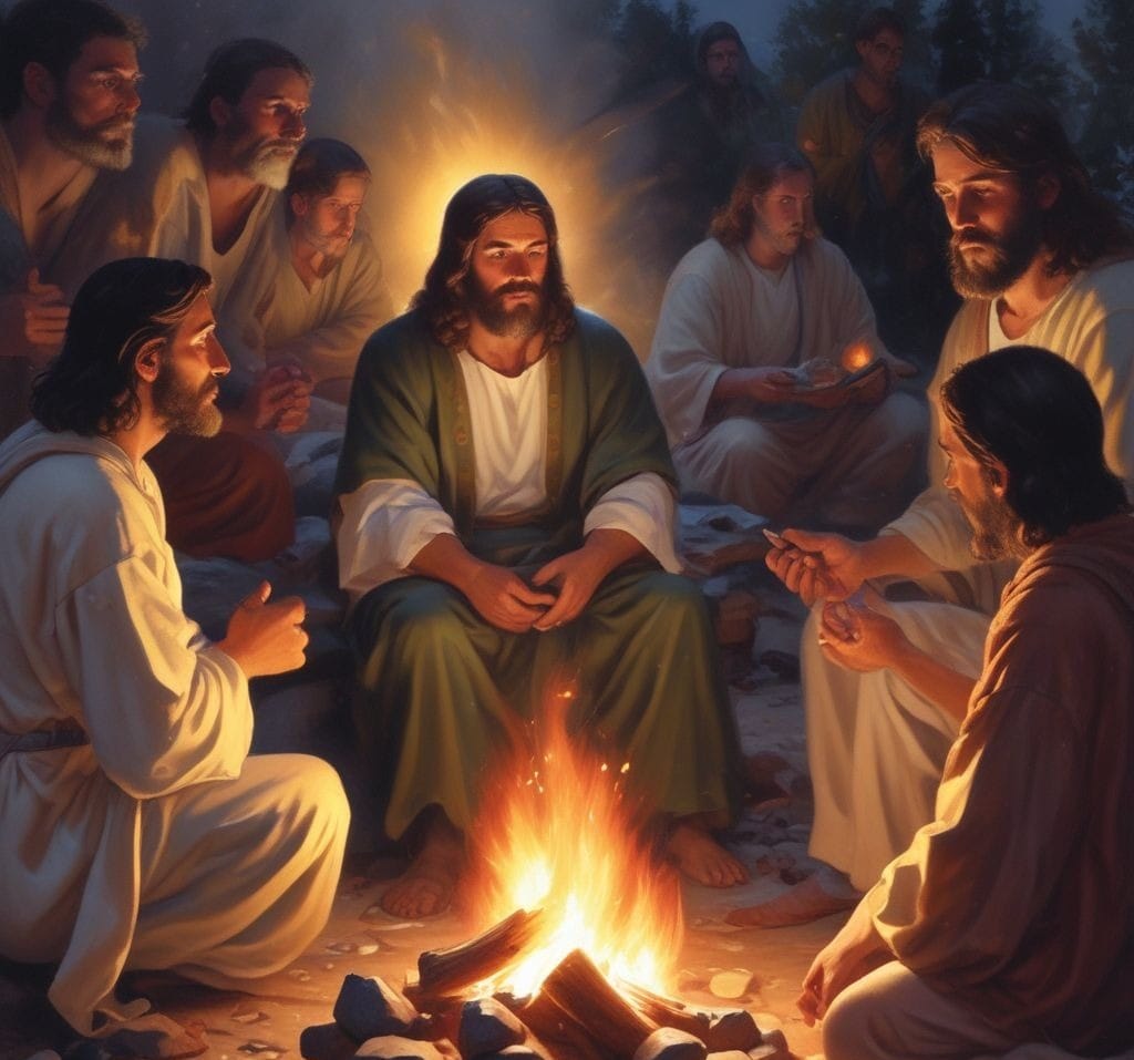 Philip the Apostle asking Jesus a deep question during a quiet moment, with other disciples gathered around a fire in the evening.