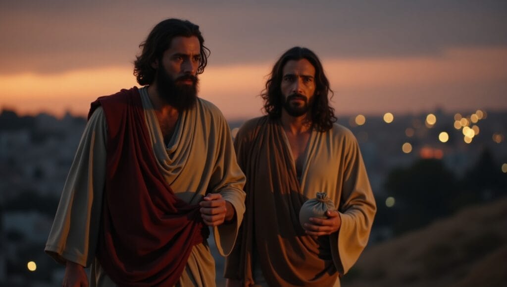 A dramatic, emotional scene of Judas Iscariot in ancient robes walking beside Jesus Christ under a twilight sky, symbolizing inner conflict, betrayal, and divine love.