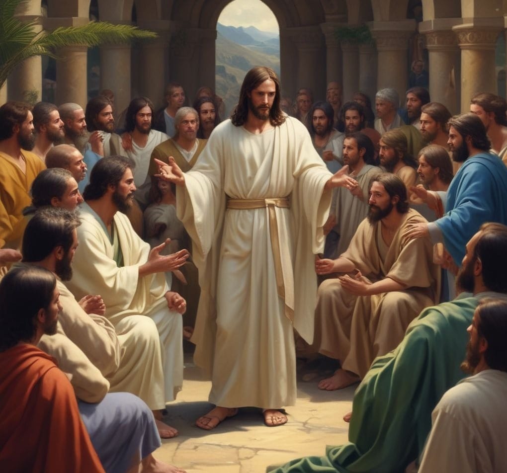 Jesus Christ standing among His twelve apostles in a realistic biblical setting, with Saint Bartholomew clearly visible among them, symbolizing fellowship and divine mission.