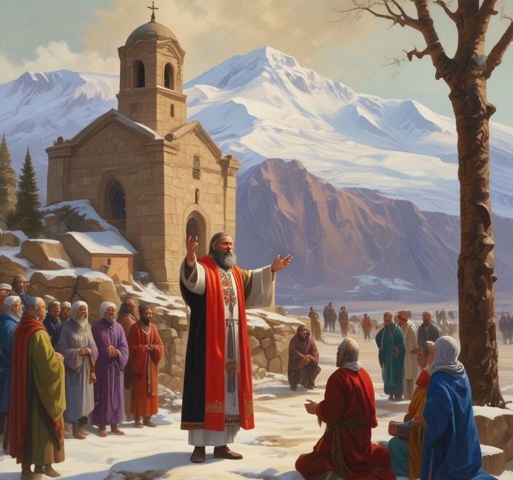 Saint Bartholomew preaching to a group of Armenian villagers beside an ancient stone church, with mountains in the background, symbolizing his early Christian mission in Armenia.