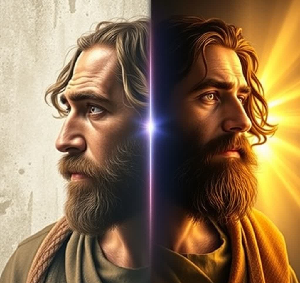 Symbolic portrait of Thomas the Apostle showing his transformation—from doubt and confusion on the left to confidence and faith on the right, with divine light highlighting his spiritual awakening.
