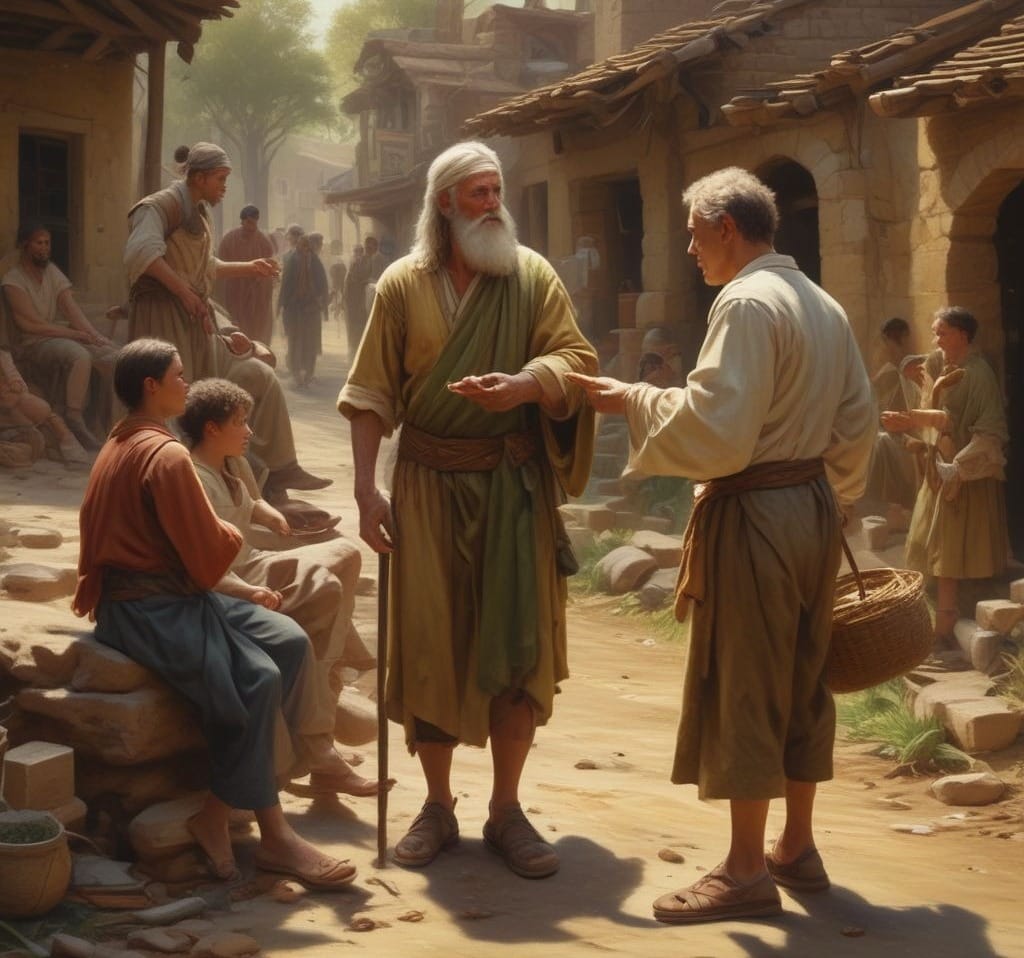 James Son of Alphaeus helping the poor and healing the sick in a humble biblical village, portraying his role as an unsung hero of the early Church.