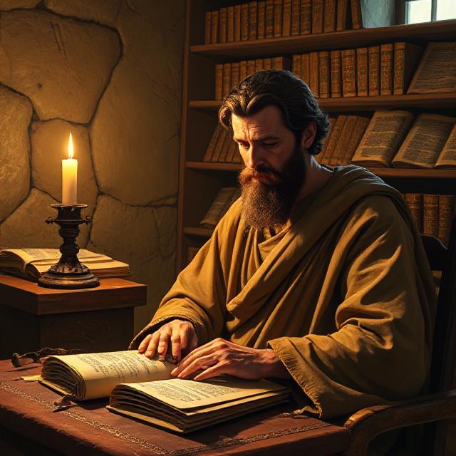 Matthew the Apostle writing the Gospel with devotion and spiritual insight.
