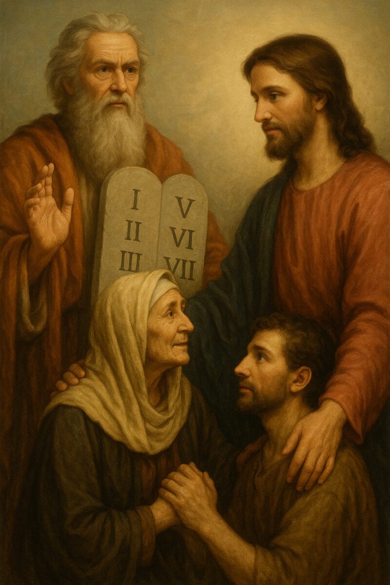 Child honoring elderly parents, symbolizing the Fifth Commandment in Christianity.