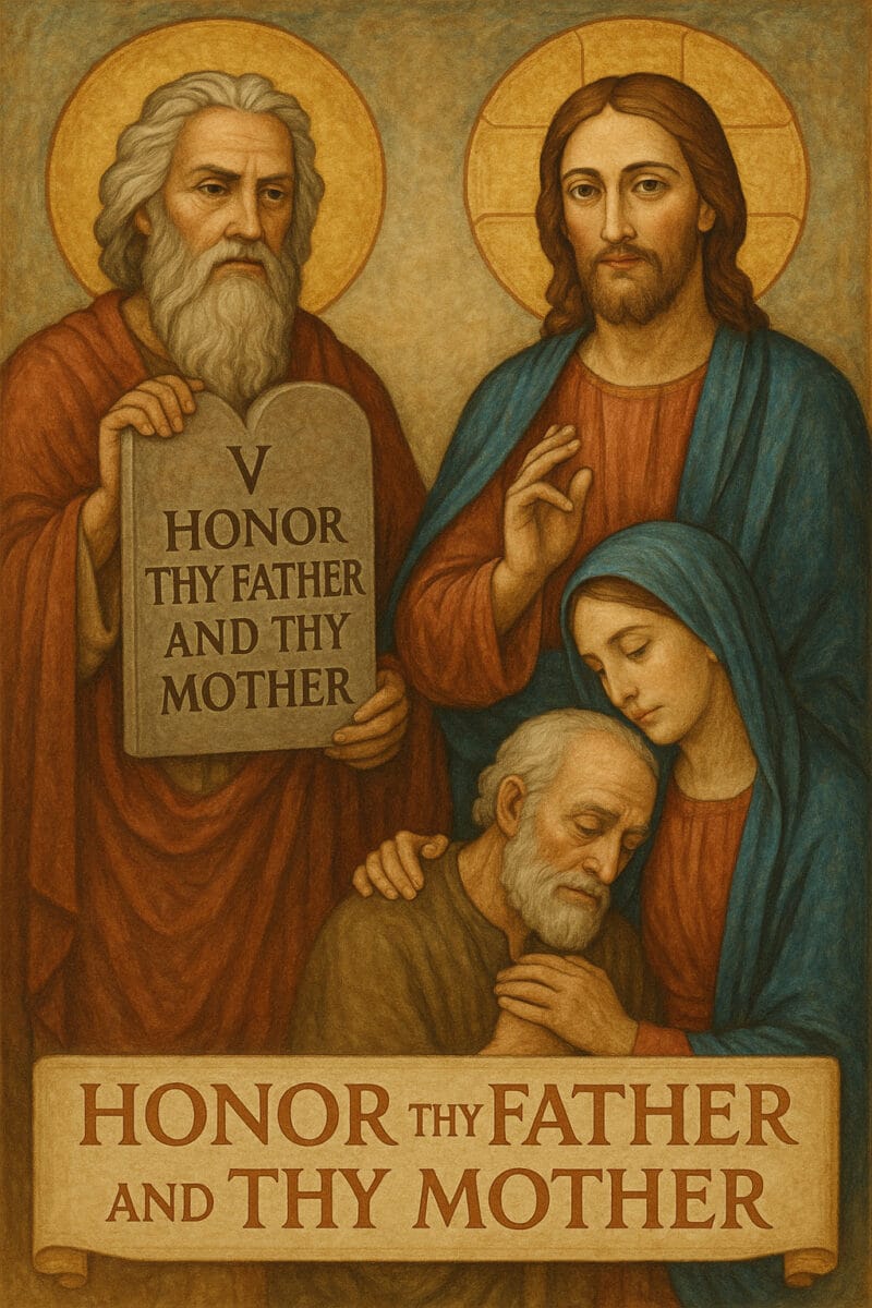 Child honoring elderly parents, symbolizing the Fifth Commandment in Christianity.