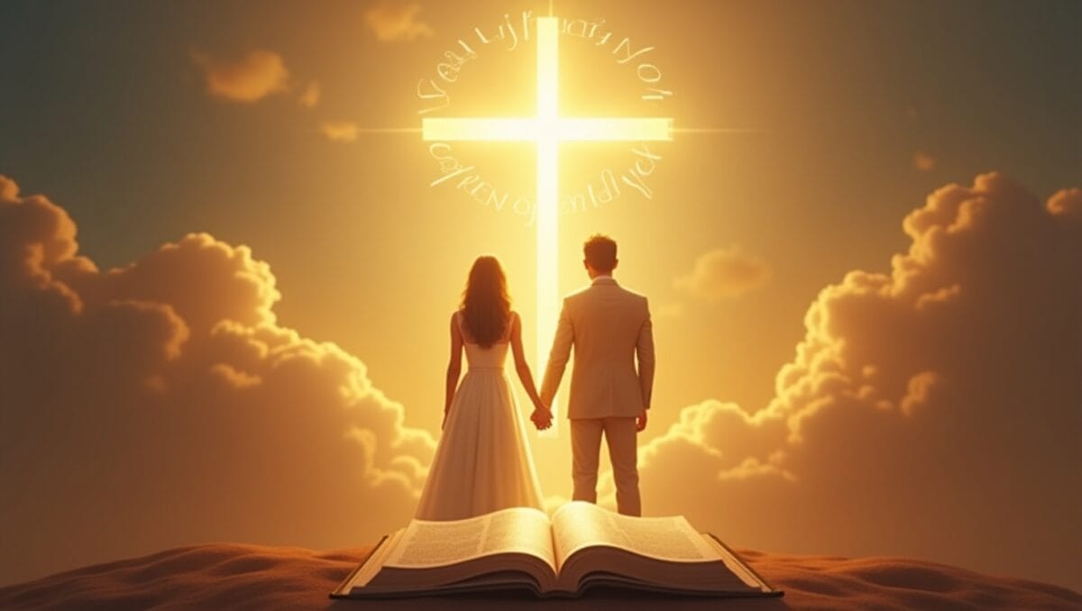 Seventh Commandment in Christianity Married Christian couple holding hands in front of a glowing cross with an open Bible beneath them, symbolizing faithfulness and the Seventh Commandment.