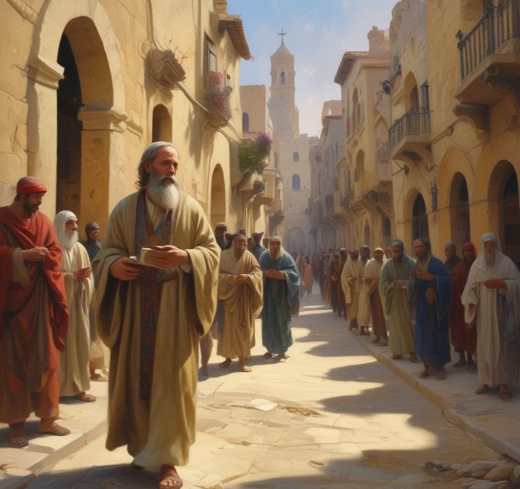 James Son of Alphaeus walking through Jerusalem holding a scroll, surrounded by early Christian followers, symbolizing his role in spreading the gospel.